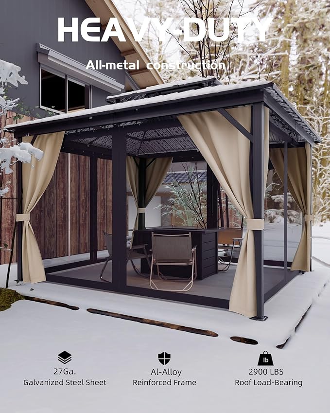12x14 Gazebo Hardtop, Aluminum Frame Gazebos with Galvanized Steel Double Roof, Mosquito Net & Privacy Curtain,for Patio, Porch, Garden, Lawn, Deck, Backyard