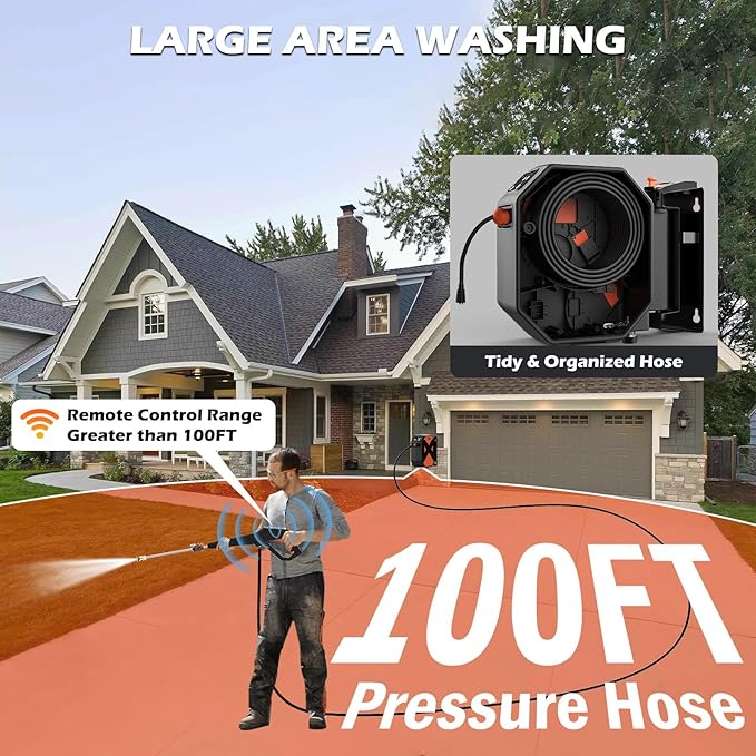 GFCI Wall Mounted 5000PSIMAX PowerWasher with 100FT Retractable Hose, 5-Stage Adjustable Press, Foam Cannon & 5 Nozzles for Car, Lane, Patio Cleaning