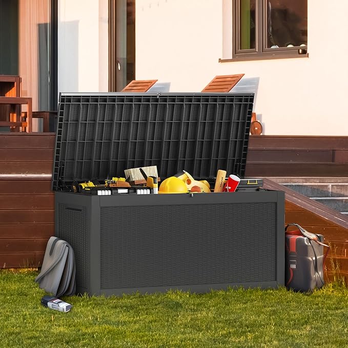 PatioZen 320 Gallon Outdoor Deck Box,Waterproof Resin Outdoor Storage Boxes, Outside Storage Lockable Container for Garden Tools,Indooor Cushions,Accessories (Black)