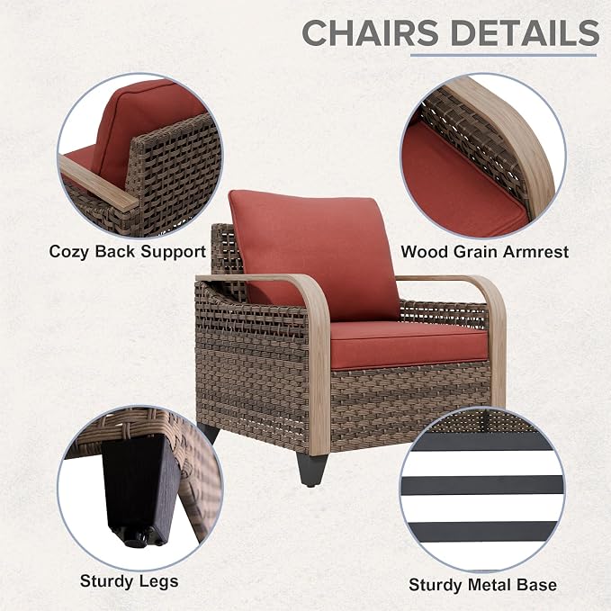COOS BAY Modern Wicker Outdoor Furniture Set, 5 Piece Patio Conversation Set with 2 Patio Chairs, a Loveseat, Coffee Table and Side Table, 5 Piece, Brown/Red