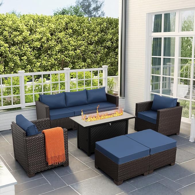 6-Piece Patio Furniture Set Outdoor Furniture Set with 45'' Propane Gas Fire Pit Table Outdoor Conversation Set Wicker Sofa Set Non-Slip Cushions Waterproof Covers, Navy Blue