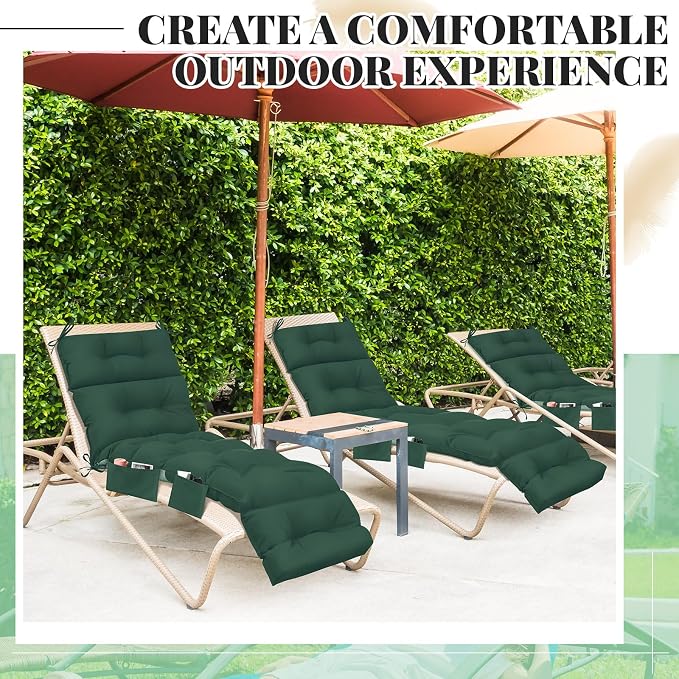Kigley 2 Pcs Outdoor Chaise Lounge Cushions with 3 Side Pocket 74.5 x 22 x 4.7 Inch Patio Chaise Lounge Cushion, Water-Repellent and Fade-Resistant Tufted Summer Replacement(Dark Green)