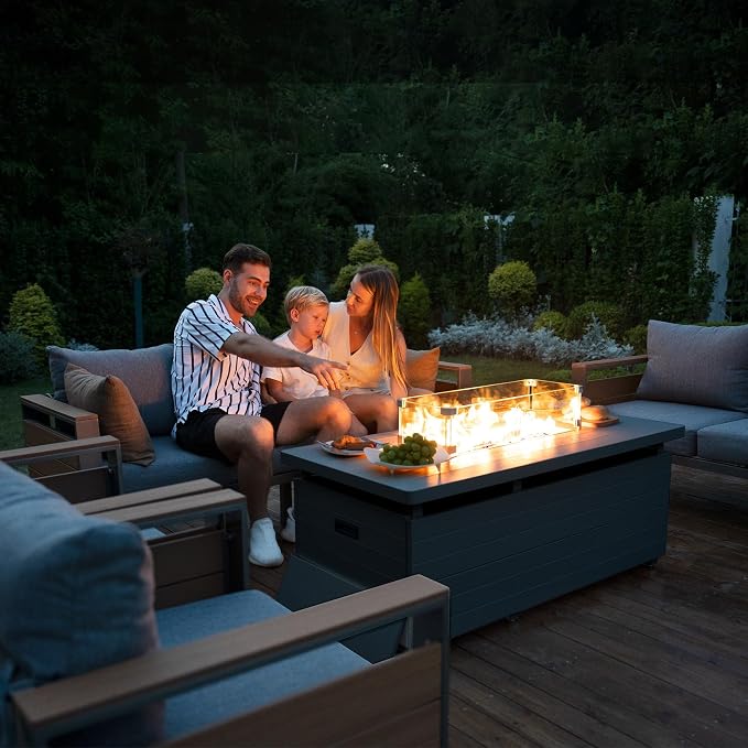 Sundale Outdoor Aluminum Patio Furniture Set with Fire Pit, 4 Piece Patio Conversation Sets with 5" Thick Cushions, Shimmer Coated Outdoor Couch with 2 Extendable Side Tables for Yard, Deck