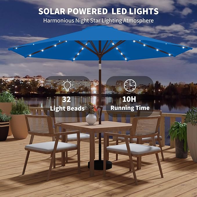 Kingdura 9FT Outdoor Patio Umbrella with Solar Lights, Market Table Umbrella with Push Button Tilt & Crank, 8 Sturdy Ribs, 32 LED Lights, UV Protection for Garden Lawn Deck Backyard Pool (Royal blue)