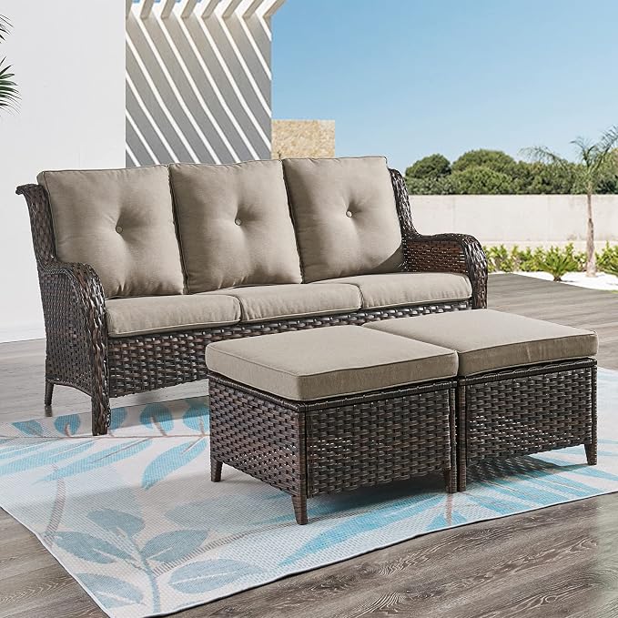 Rilyson Luxury Outdoor Wicker Patio Ottomans Set of 2, 250 lbs Capacity Rattan Large Ottomans for Patio Footrest Set 22.8in*22.8in*14in with 3.5in Thick Cushion (Brown/Grey)
