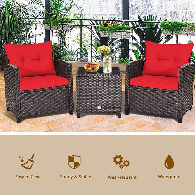 3 Pieces Wicker Patio Furniture Set, Outdoor Sofa Set with Water-Resistant Cushion & Tempered Glass Table, Outdoor Conversation Set Bistro Set for Garden, Balcony, Poolside(Red)