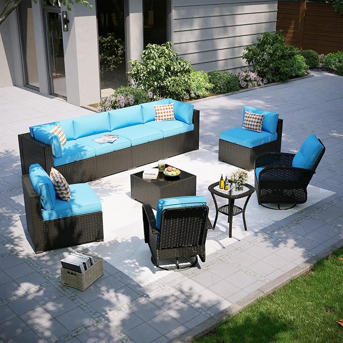 Aoxun Patio Furniture Set with Swivel Rocker Chairs, 10 Piece Outdoor Sectional Sofas, Wicker Rattan Outdoor Furniture with Thickened Cushion for Backyard, Garden Peacock Blue