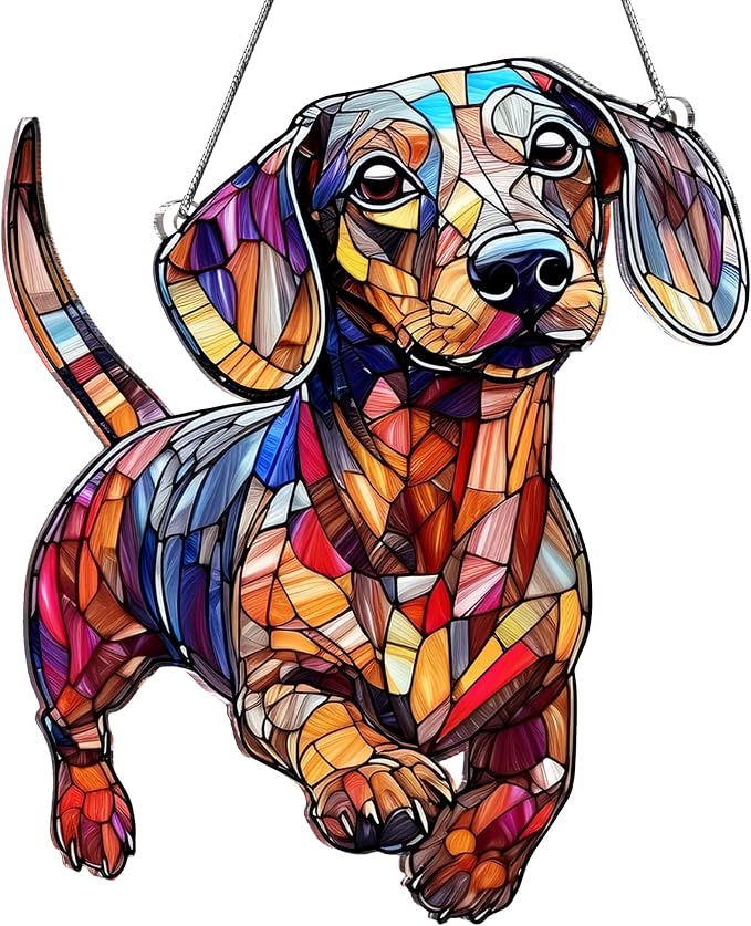 Dachshund Gifts for Women, Colorful Dachshund Ornament for Window Hanging | 5.9"x5" Acrylic Suncatcher Ornament Faux Stained Glass, Dog Lovers Gifts for Women, Dogs Christmas Ornaments for Tree Hanging