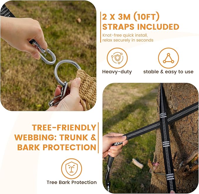 Lazy Daze Hammocks 13-FT Polyester Rope Hammock, Double 2 Person Traditional Hand Woven Outdoor Hammock with Spreader Bar, Carabiners, Tree Straps, Chains for Outside Patio- Max 450 Lbs, Tan