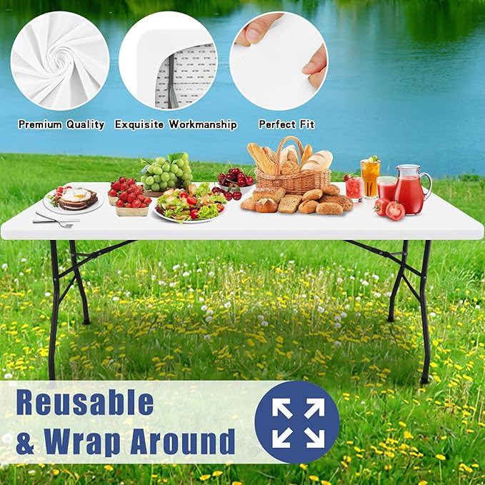 Moosfor Spandex 5 Foot Rectangle Table Cloth 2 Pack, Elastic Fitted Tablecloths for Picnic, Stretch Washable Patio Table Cover for Outdoor, Camping, Banquet and Parties (White, 36"x60")