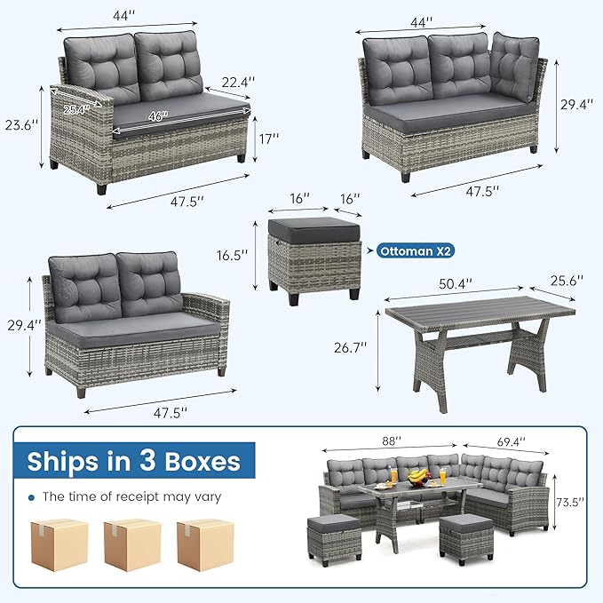 KROFEM 6 Piece Patio Furniture Set, Dining and Conversation Set, Grey | UV Treated Wicker, Machine Washable Cushions, Seats 7, 2 Ottomans, 3 Sofa Section, Dining Table, Rustproof Frame