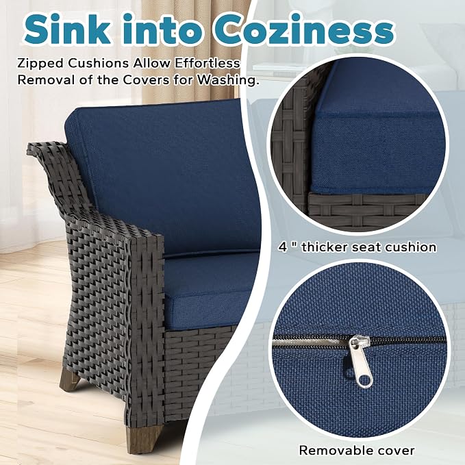 6 Pieces Outdoor Conversation Furniture Set - 77" Patio Sofa, 2 Armchairs, 2 Ottomans, 1 Metal Table, Patio Wicker Couch Set with Washable Cushions for Swimming Pool (Navy Blue)