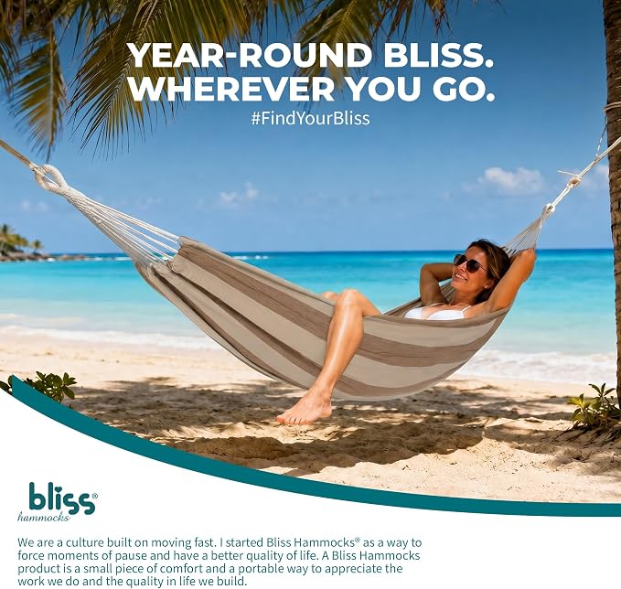 Bliss Hammocks BH-401-CP Double Hammock in a Bag, for Camping, Hiking and Outdoors, Portable, Durable, Eco-Friendly Hand-Woven Cotton and Polyester, Supports up to 265-Pounds, Cappuccino Stripe
