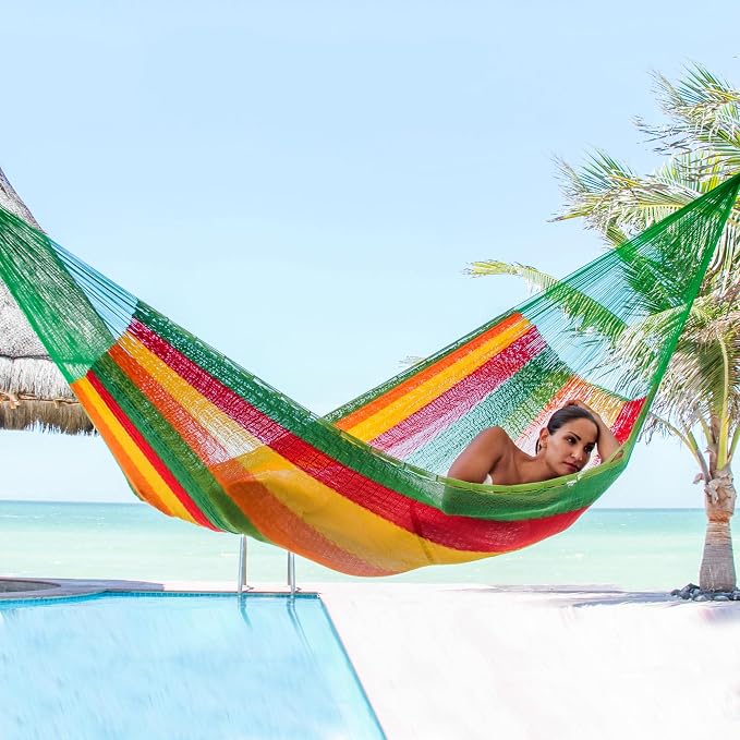 NOVICA Green Yellow Red Striped Hand Woven Cotton Mayan 2 Person XL Rope Hammock, 'Colima' (Double)