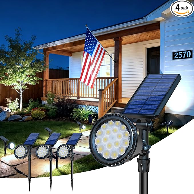 DBF Solar Outdoor Lights, 600LM Solar Spot Lights Outdoor Waterproof with 2 Lighting Modes, Adjustable Head & Solar Panel Landscape Spotlights for Flag Garden Yard Driveway Patio(Cool White, 4 Pack)