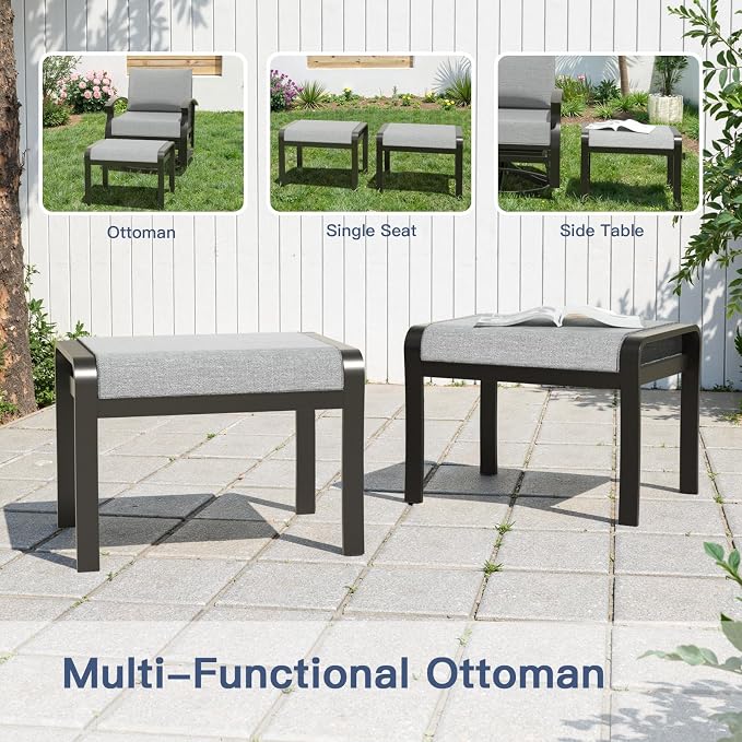 Gotland Aluminum Patio Furniture Set, Metal Outdoor Furniture with 2 Ottomans 5.1’’ High-Resilience Seat Cushions, 5 Piece Patio Set, Oversized Outdoor Sectional Patio Conversation Sets, Gray