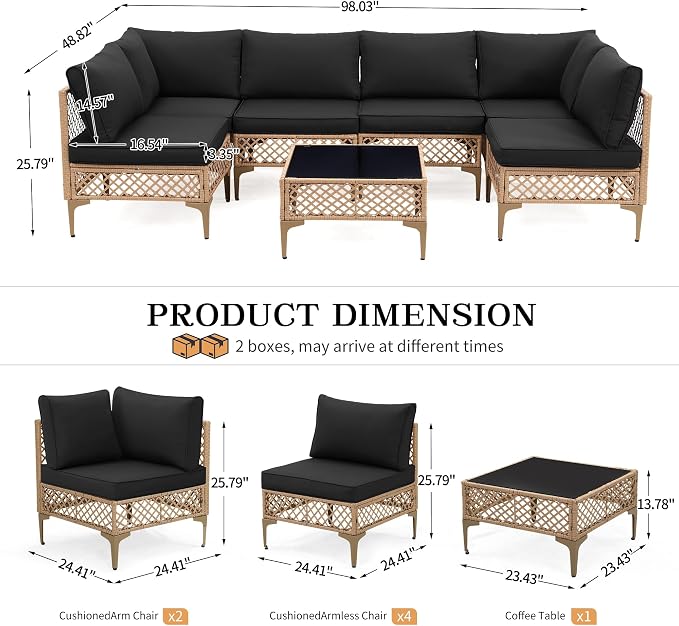 FHFO 7 Piece Outdoor Wicker Patio Furniture Set, Yellow/Black | Sectional Sofa | All-Weather Hand-Woven Rattan | Tempered Glass Coffee Table | Free Combination | Indoor & Outdoor Use