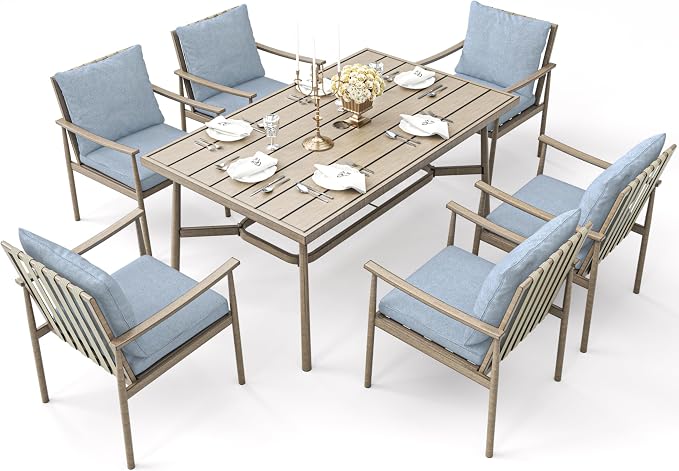 7-Piece Outdoor Dining Set for 6, Aluminum Dining Set with Cushions, 6 Dining Chairs with Rope Backrest, Large Rectangular Table with Umbrella Hole, Patio Dining Set for Lawn Porch Yard,Brown