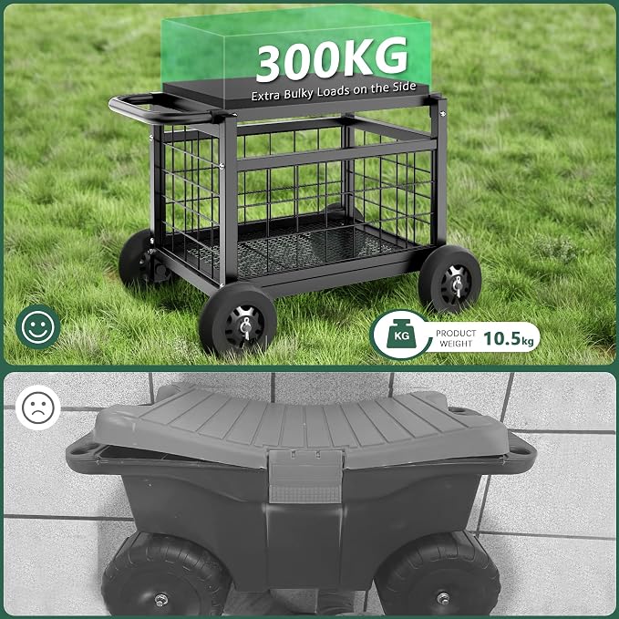 Garden Cart with Seat,3-in-1 Rolling Seat with Wheels for Gardening Seniors | Upgraded Heavy Duty Gardenning Cart with Seat, Supports up to 600 LBS for Seniors, Lawn, Patio & Backyard Gardening, Black