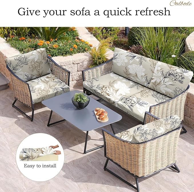 CALBODE 12Pcs Outdoor Stretch Cushion Covers,Waterproof Outdoor Chair Floral Cushion Covers for Patio Furniture, Washable Beige Couch Covers Replacement for Patio Furniture
