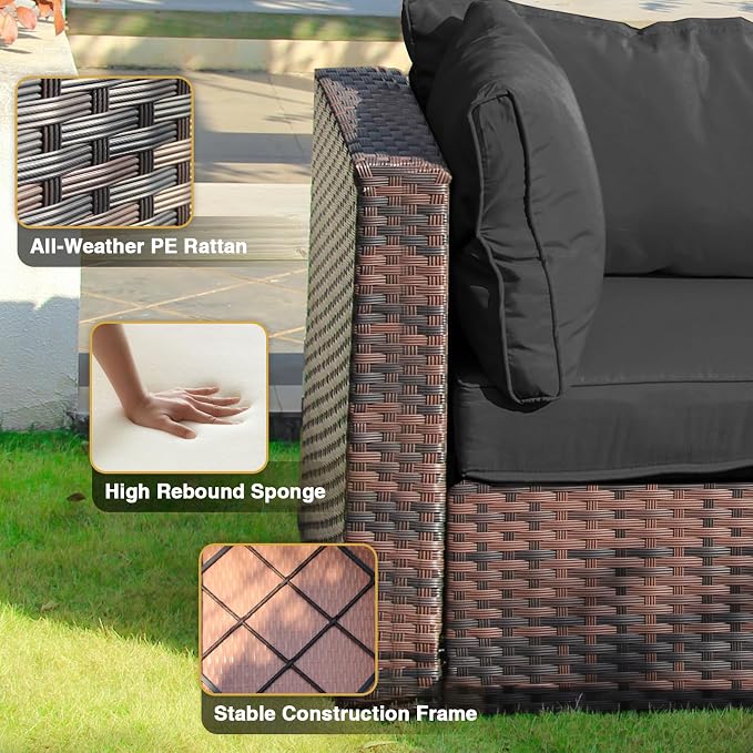 3 Piece Patio Furniture Set All Weather PE Rattan Outdoor Sectional Sofa Couch with No-Slip Cushions and Glass Top Table for Garden, Poolside, Backyard (Black)