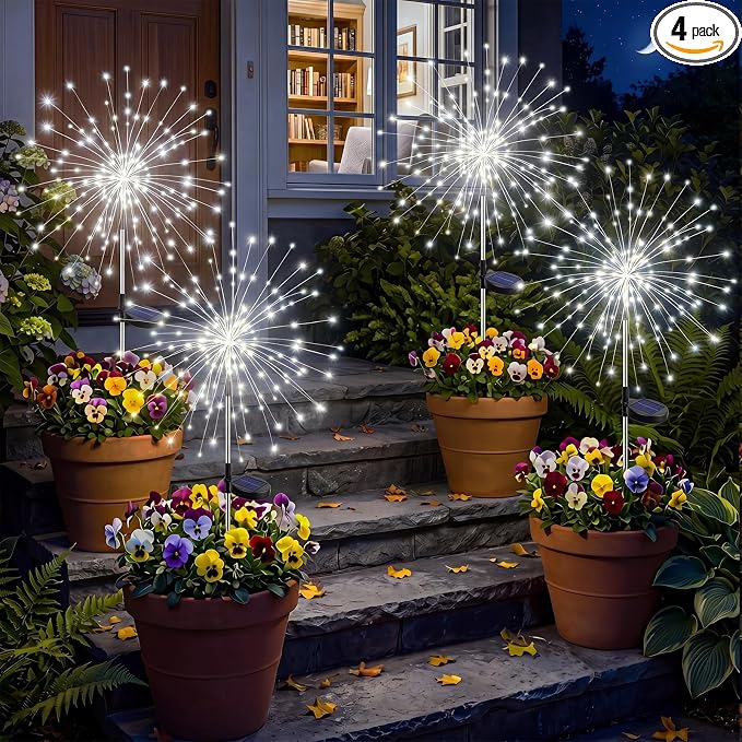 btfarm 4 Pack Solar Garden Lights Outdoor, 8 Modes Firework Lights Outside | 120LED, Waterproof Fairy Twinkle Light Solar Powered for Yard Christmas Pathway Lawn Pool Patio Decorative, Cool White