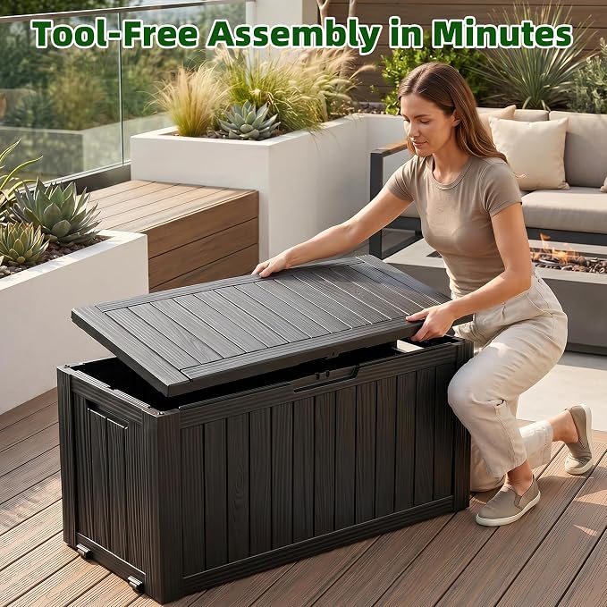 EasyUp 92 Gallon Reinforced Resin Deck Box – Waterproof & UV-Resistant Outdoor Storage, Large Capacity Patio Storage Bin for Furniture Cushions, Throw Pillows, Garden Tools, Pool Floats, Black