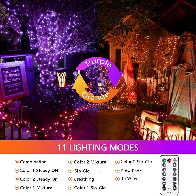 200 LED Connectable String Lights with Remote, Halloween Lights Outdoor | Orange to Purple, 11 Modes, Timer, 66FT Clear Wire Waterproof Color Changing Twinkle Fairy Lights for Bedroom Xmas Tree Decor