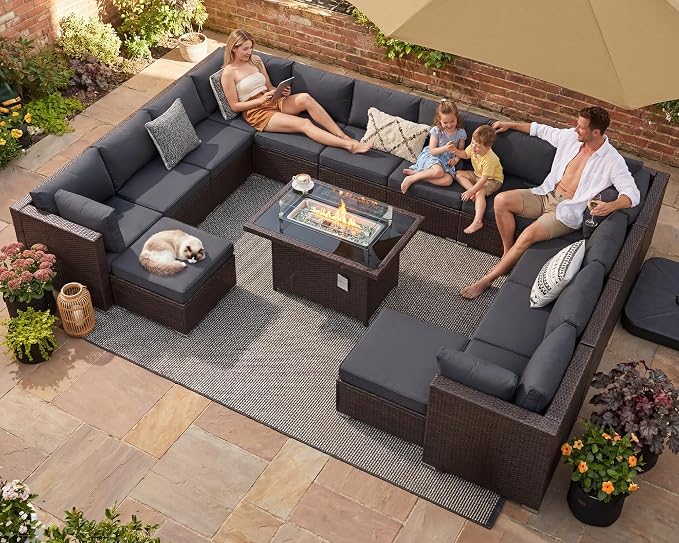 NICESOUL 15 Piece Outdoor Sectional with Fire Pit Table, Modern Luxury Patio Deep Seating w/Firepit, 29.3'' High-Back Wicker Couch Thick, Big High-Weight Capacity Sofa for Garden, Yard, Brown & Gray