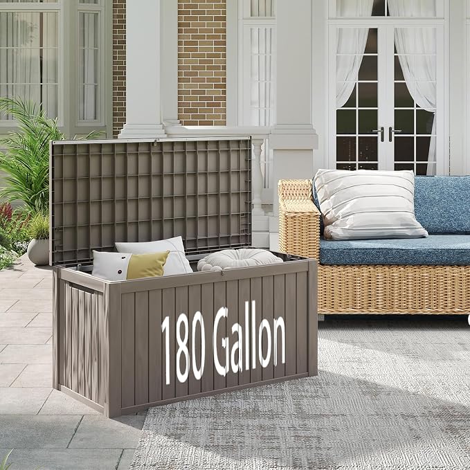 180 Gallon Waterproof Resin Outdoor Storage Box, Lockable & UV Resistant | Patio Deck Boxes, Outside Storage for Patio Cushions, Pool Toys, Garden Tools & Package Delivery, Brown