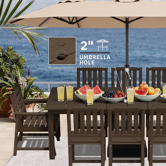 AreShark 9-Piece Outdoor Dining Set,HDPE Patio Table with 8 Armless Chairs,All-Weather Patio Furniture Set with Umbrella Hole,Low Maintenance Wood Grain Dining Set for Backyard,Garden,Poolside,Black