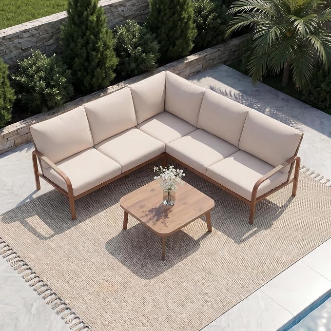 Aluminum Patio Furniture Set with Coffee Table, 4 Pieces Outdoor Couch Sectional, L Shaped Patio Sofa, Outdoor Seating Conversation Set,Beige