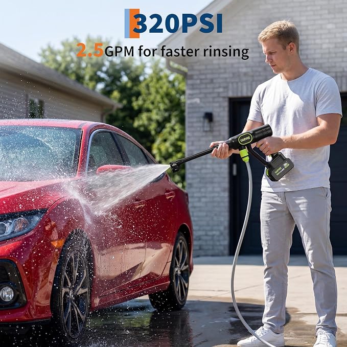 Garvee Cordless Pressure Washer 20V, 320 PSI Brushless Portable Power Washer with 6-in-1 Nozzle, Foam Cannon, 26ft Hose, Battery & Charger