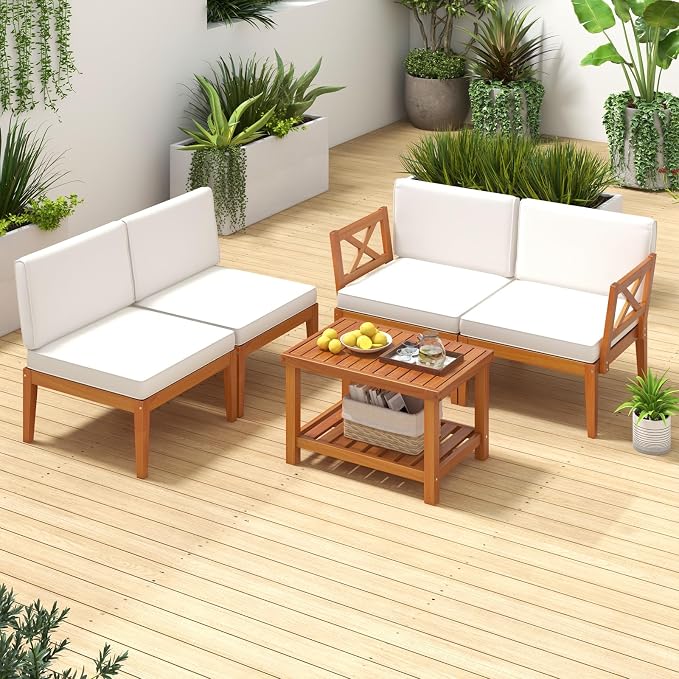 Tangkula 5 Pieces Acacia Wood Patio Furniture Set, Outdoor Sectional Conversation Set with Cushions and 2-Tier Coffee Table, Outdoor Bistro Furniture Set for Garden, Backyard and Poolside