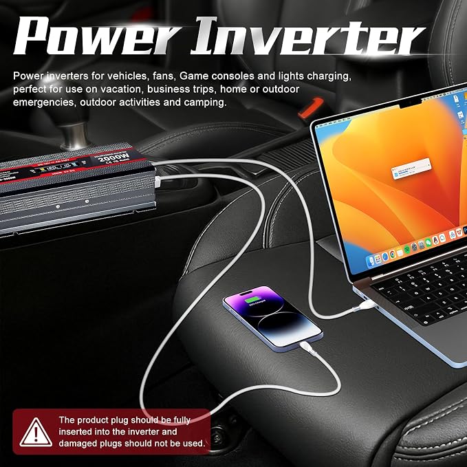 1200Watt Car Power Inverter 12V DC to 110V AC,1200W Inverter,Power Inverters for Vehicles with LCD Display and AC Outlets 2A USB Charging Port (Black)