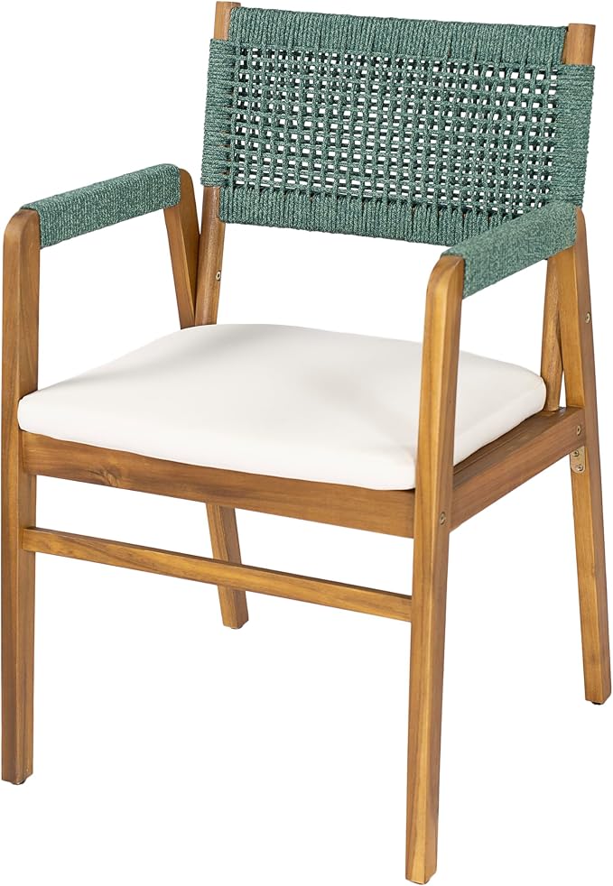 Christopher Knight Home Sky Acacia Wood Dining Table Set for 6, 7 Piece Patio Extendable Dining Table and Dining Chairs Set of 6 with Cushions & Rope Accents, Patio Furniture Set, Teak+Beige+Green