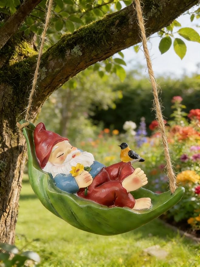 Garden Gnome Outdoor Statues for Garden Decor, Gnome Bird Flowers Resin Hanging Decorations Tree Ornaments Figurines for Outside Backyard Art Decor