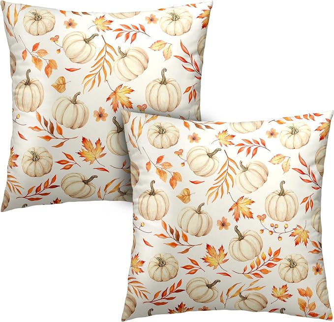 Fall Pillow Covers Thanksgiving White Pumpkin Throw Pillow Covers Harvest Maple Leaf Pillow Cases 16x16 Set of 2 Autumn Seasonal Cushion Cases for Home Farmhouse Sofa Patio