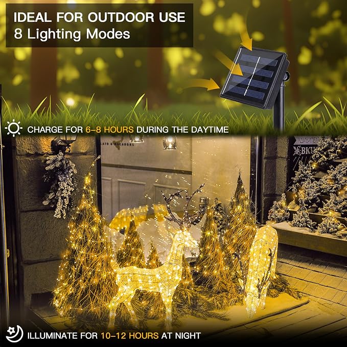 Solar Fairy Lights Outdoor, 2 Pack Twinkle Lights Warm White | Total 66ft 200led solar lights with 8 Lighting Modes. Copper Wire string Lights for garden, yard, patio, fence outdoor decor