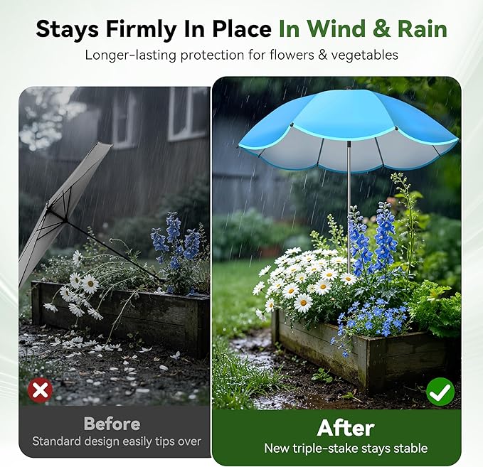 1Pack Plant Umbrellas for Outdoor Plants, Upgraded 360° Rotating 3-Prong Ground Stake for Stronger Grip, Stable Garden Shade Umbrella for Flowers, Vegetables, Fruit Trees, Raised Beds & Planters Green