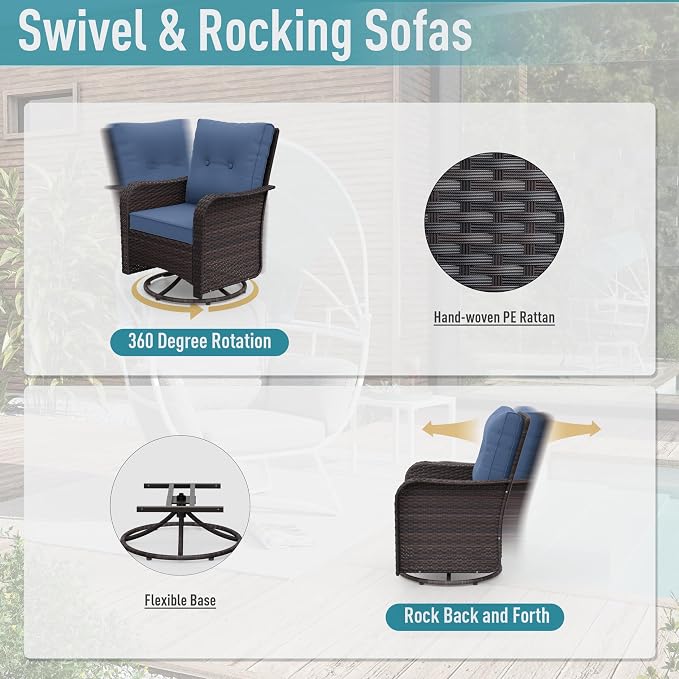 ALAULM 10 Pieces Patio Furniture Set with 2 Swivel Chairs Wicker Patio Conversation Set, Outdoor Sectional Furniture w/Coffee Table & Washable Seat Cushions-Dark Blue