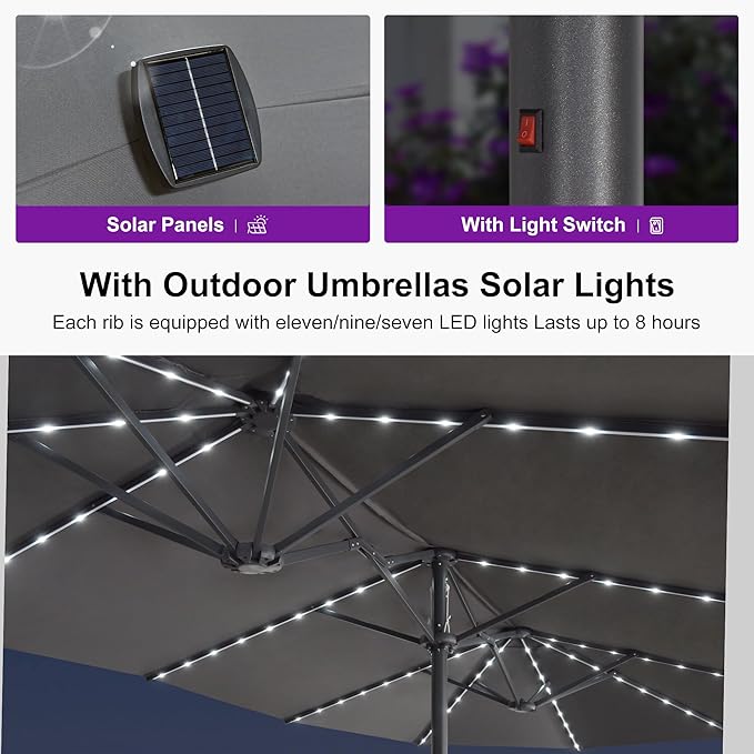 PURPLE LEAF 13ft Double-Sided Patio Umbrella with Solar Lights Outdoor Market Umbrella with Base and Crank Handle Table Umbrella for Backyard Pool Garden Deck, Grey