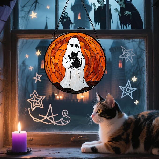 Stained Glass Window Hanging - Halloween Cute White Ghost Black Cat Suncatcher for Doors Garden Home Spooky Orange Sun Catchers Gothic Decor Horror Gift for Women Men Friend Boy Girl 15 in