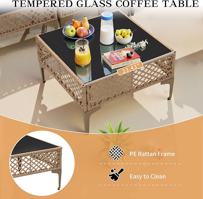 FHFO 7 Piece Outdoor Wicker Patio Furniture Set, Yellow/Black | Sectional Sofa | All-Weather Hand-Woven Rattan | Tempered Glass Coffee Table | Free Combination | Indoor & Outdoor Use
