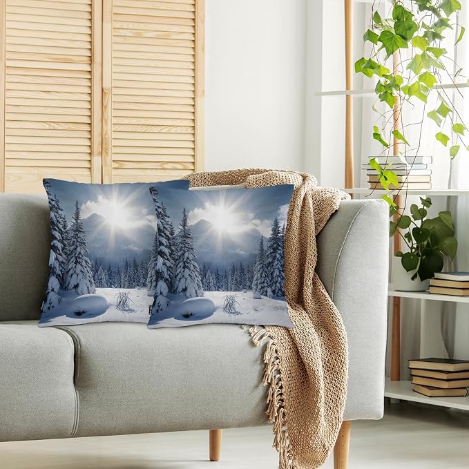 Swono Winter Landscape Throw Pillow Cases, Nature Snowy Mountain Fir Trees Sunshine Set of 2 Decorative Throw Pillow Cover, Square Pillow Cushion Case Home Decor for Sofa Couch Bed Car 18x18 Inches