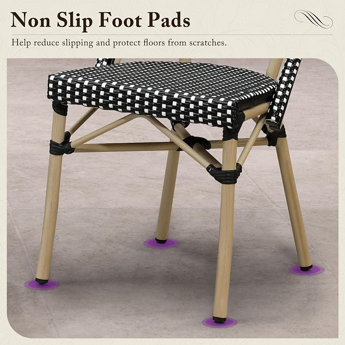 PURPLE LEAF 7-Piece French Bistro Dining Set Rectangle Outdoor Patio Table and 6 Armless Chairs Tempered Glass Top PE Rattan Champagne Print Finish Aluminum Frame Black