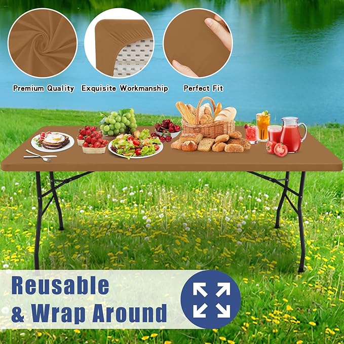 Moosfor Spandex 5 Foot Rectangle Table Cloth 2 Pack, Elastic Fitted Tablecloths for Picnic, Stretch Washable Patio Table Cover for Outdoor, Camping, Banquet and Parties(Brown, 30"x60")