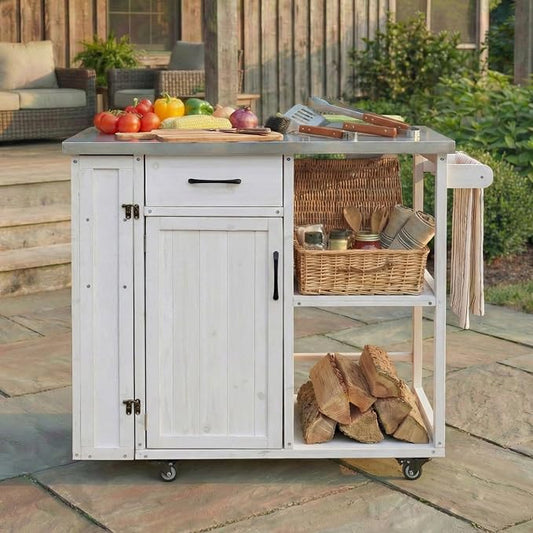 Outdoor Deck Box with Stainless Steel Worktop, White Fir Wood Patio Storage Cabinet for Garden Tools and Pool Accessories, Weather-Resistant Storage for Patio & Deck, 40.5 x 18.5 x 35.6 Inches, White