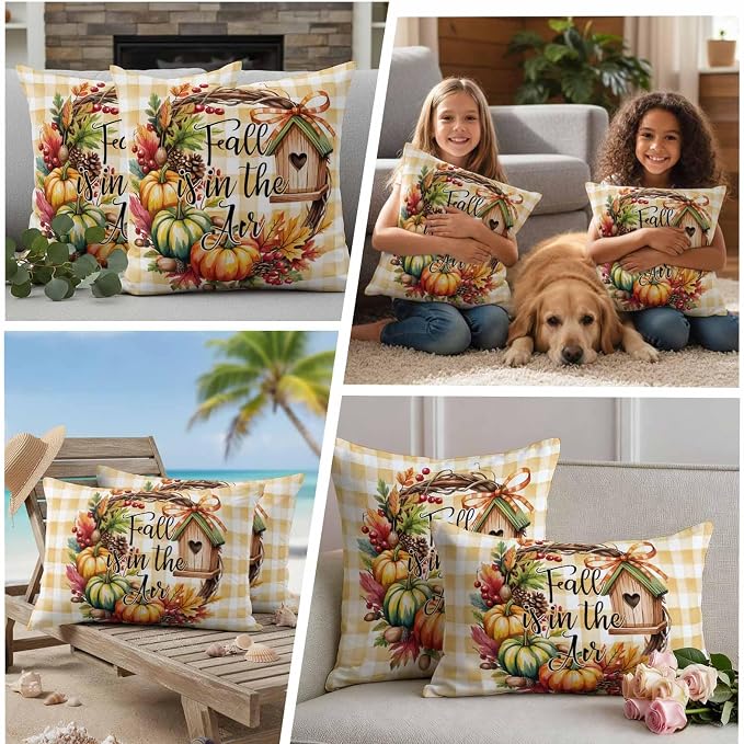 Fall Pumpkin Waterproof Outdoor Pillow Covers Set of 2 Home Decor, Thanksgiving Orange Check Maple Cabin Pillowcase Patio Pillow Covers for Couch Bench Furniture Garden 18x18in