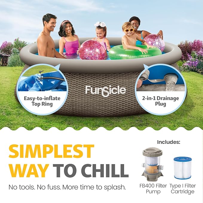 Funsicle Quickset Designer 10' x 30" Round Above Ground Swimming Pool, with FiltraBoost 400 GPH Filter Pump, Type I Filter Cartridge & Repair Patch, Triple Basketweave Print
